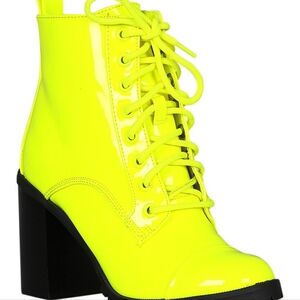 Women Patent Cap Toe Lace Up Lug Sole Chunky Heel Ankle Boots